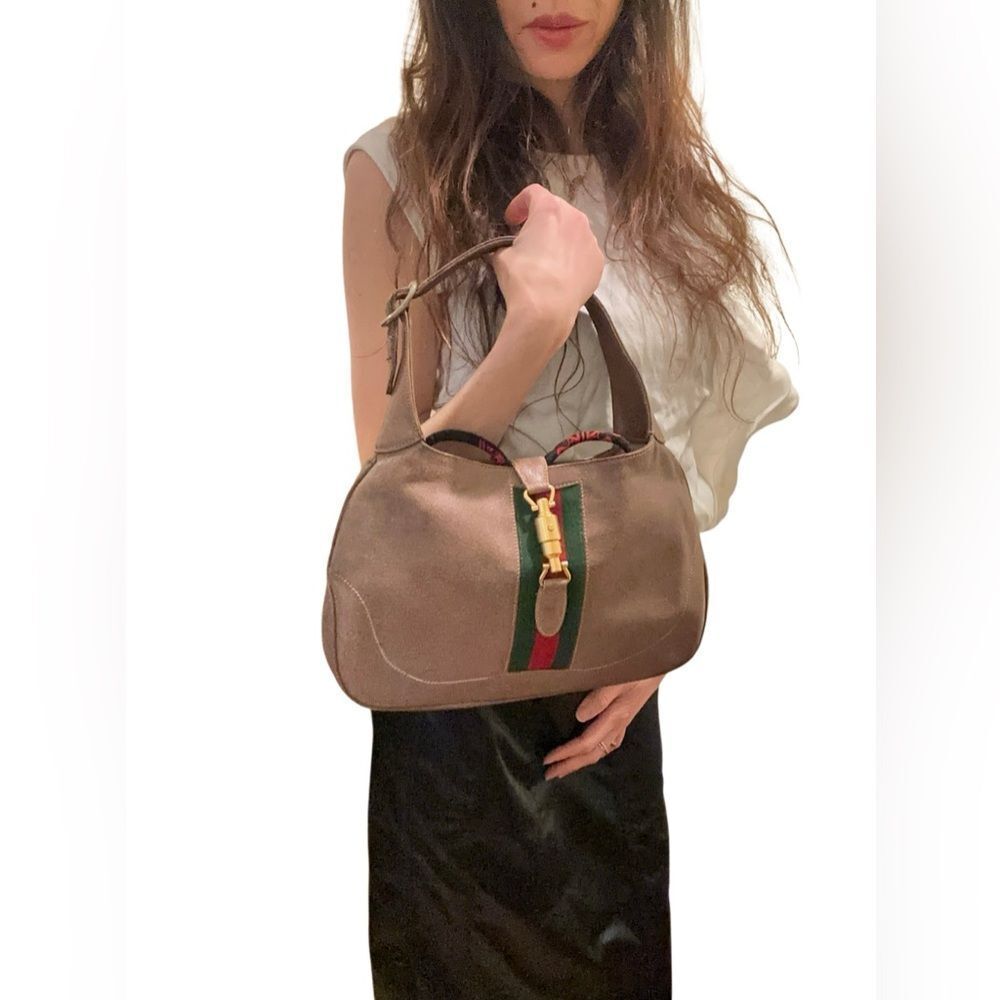 Gucci Jackie Tan Suede Hobo Bag with Green and Red Stripe piston lock